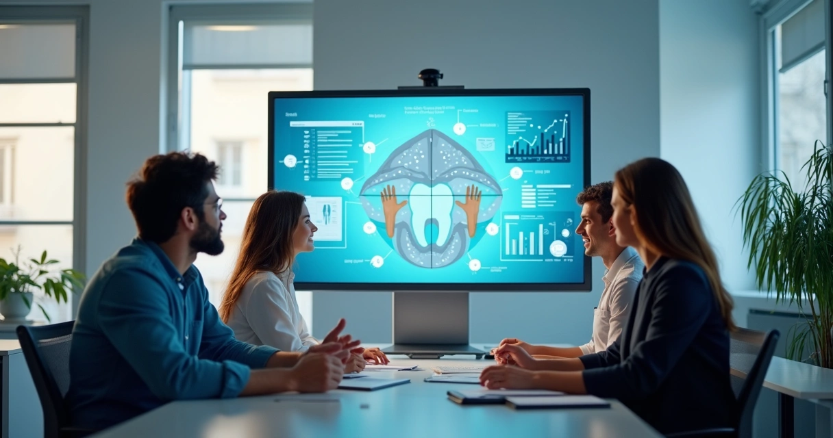 Equipe de clínica odontológica analisando estratégias de marketing digital na tela do computador