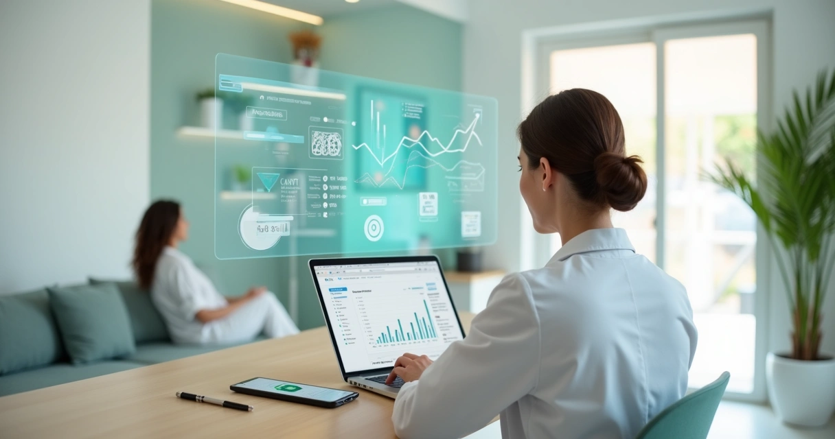 Profissional de saúde em clínica estética analisando painel de marketing digital em notebook 