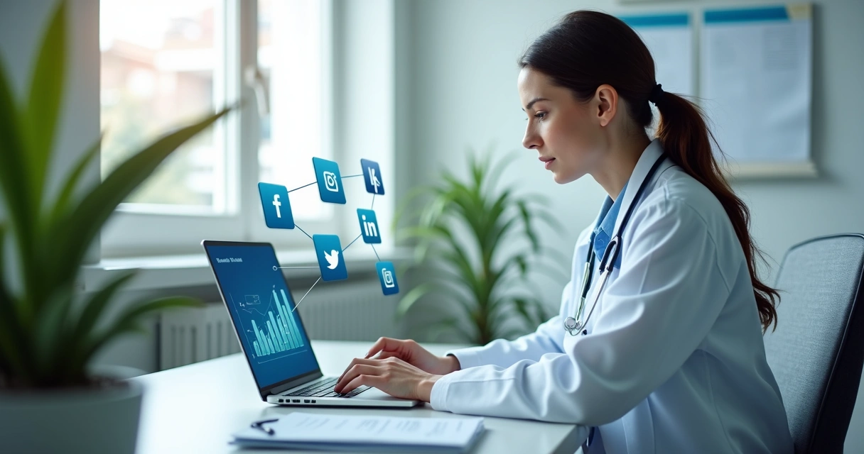 Médica usando notebook para marketing digital 