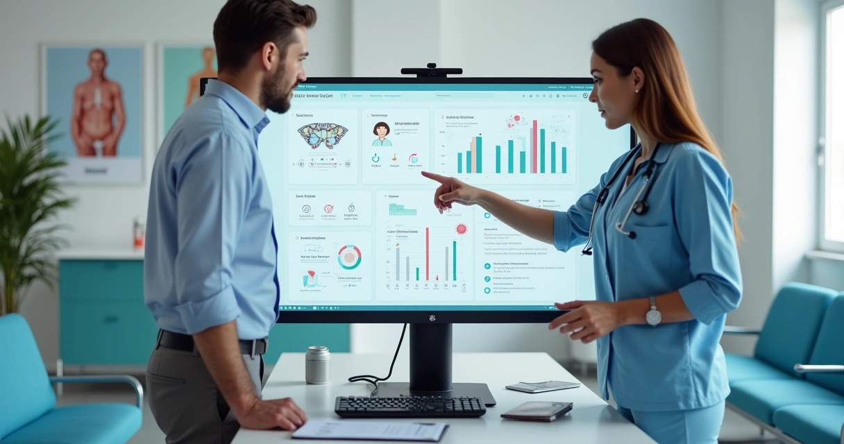 Gestor analisa marketing digital de clínica médica em frente ao computador 