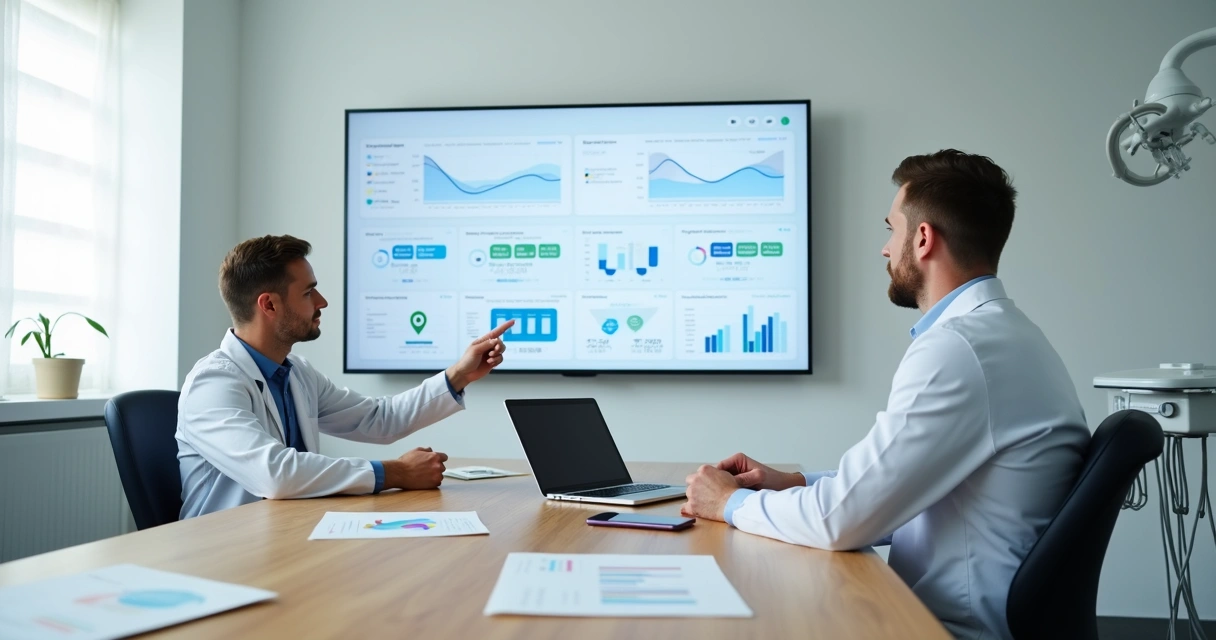 Dentista e especialista em marketing analisando painel digital de resultados da clínica 