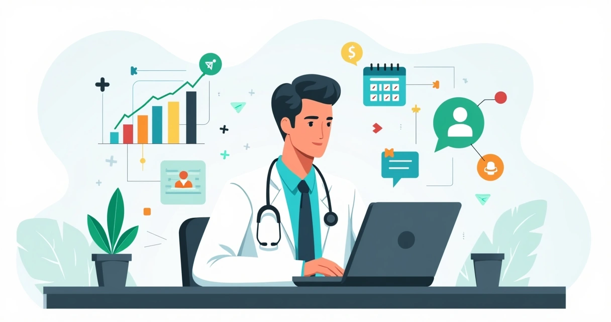 Ilustração corporativa flat de médico com laptop, gráficos e ícones digitais ao redor 