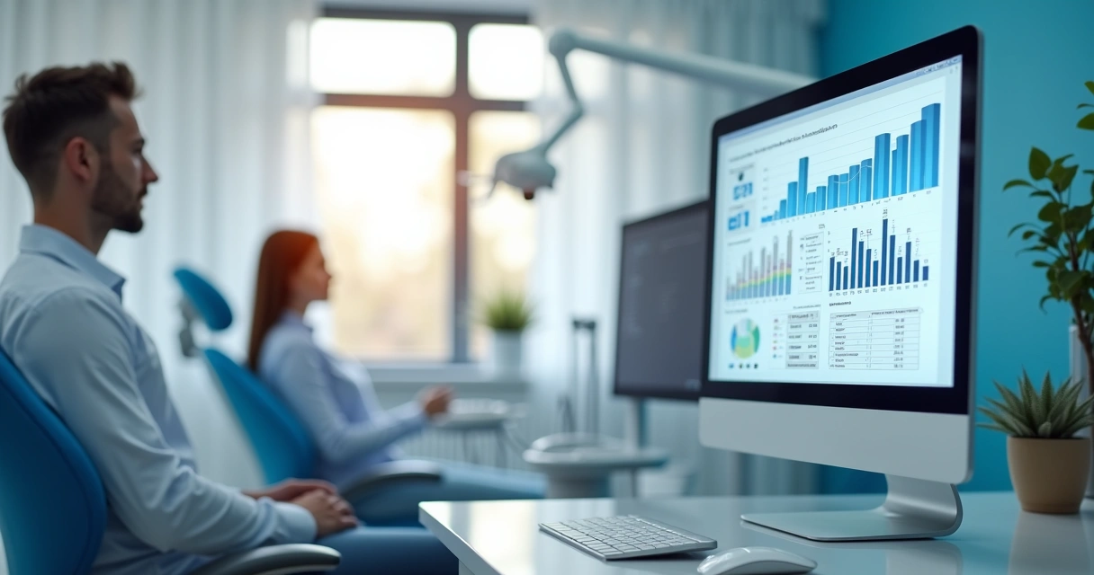Consultório odontológico moderno com tela exibindo gráficos de marketing digital