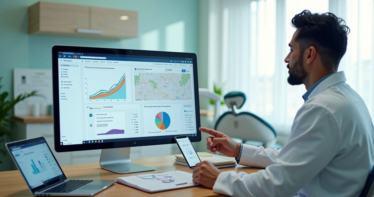 Dentista analisando estratégias de marketing digital em consultório moderno 