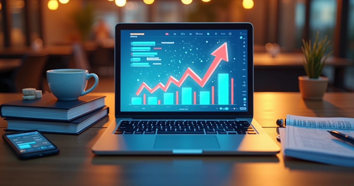 Pessoa digitando em notebook com gráficos de marketing digital na tela. 