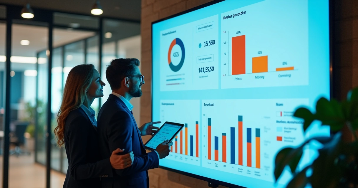Telão exibindo gráficos de marketing digital em escritório de contabilidade contemporâneo
