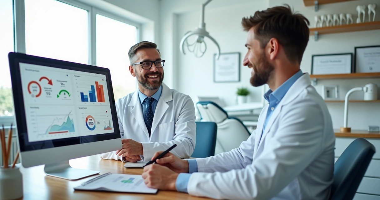 Dentista analisando estratégias de marketing digital no consultório com equipe 