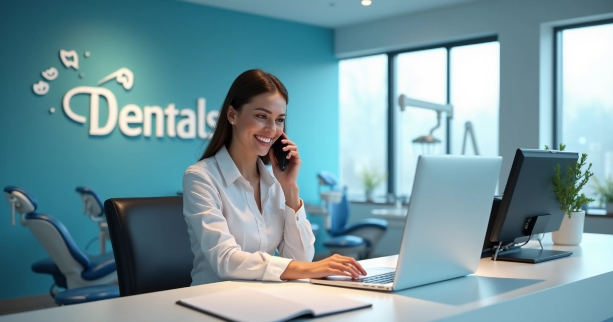 Recepcionista sorridente falando ao telefone em clínica odontológica 