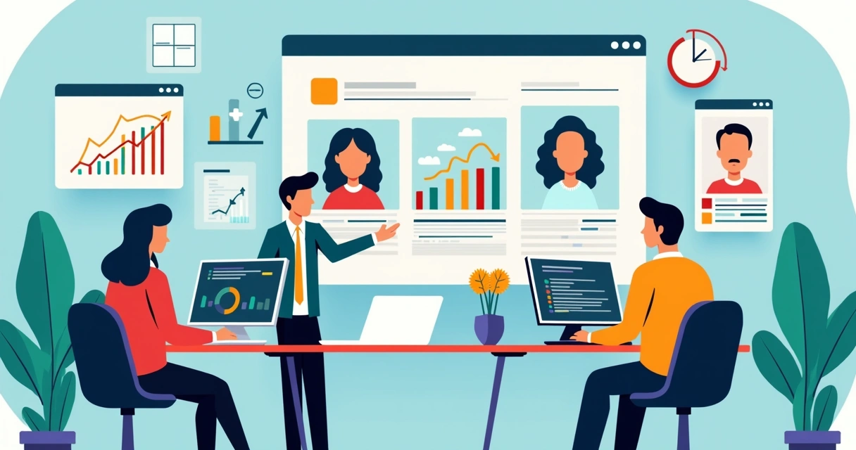 Equipe analisando campanhas de marketing digital com gráficos subindo e telas de anúncios digitais 