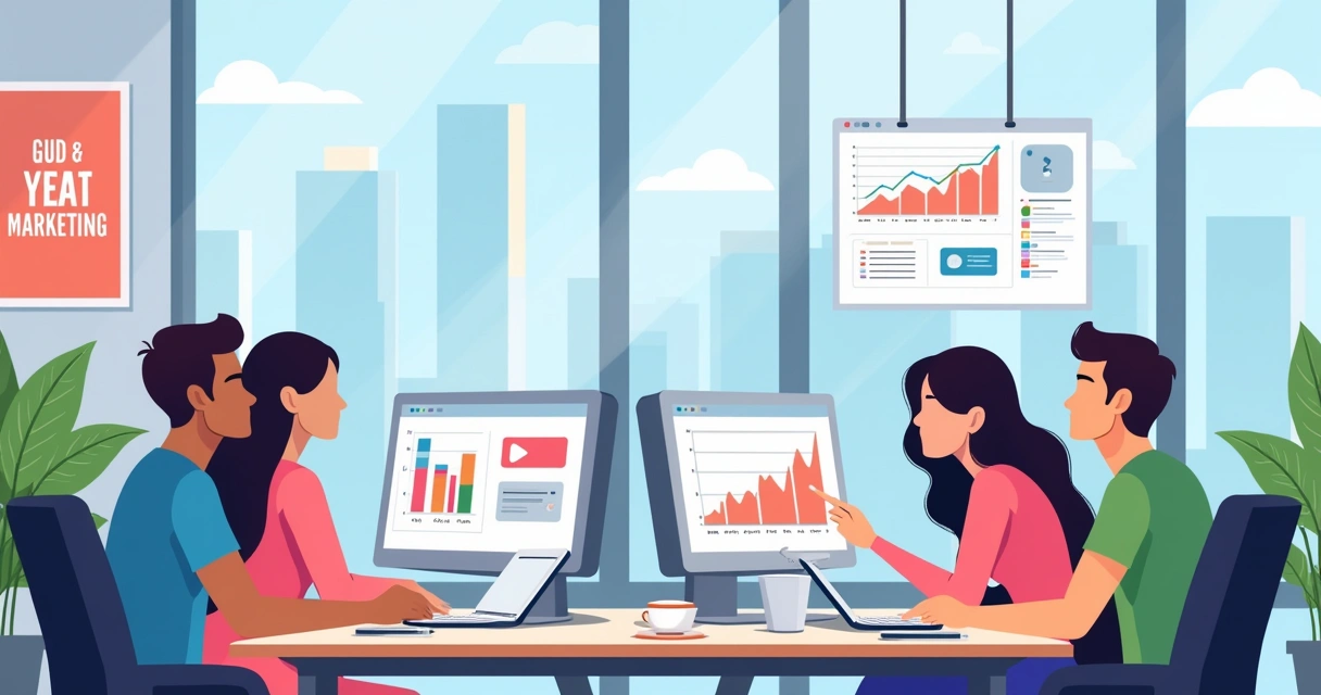 Equipe analisando gráficos de campanhas digitais em várias telas 