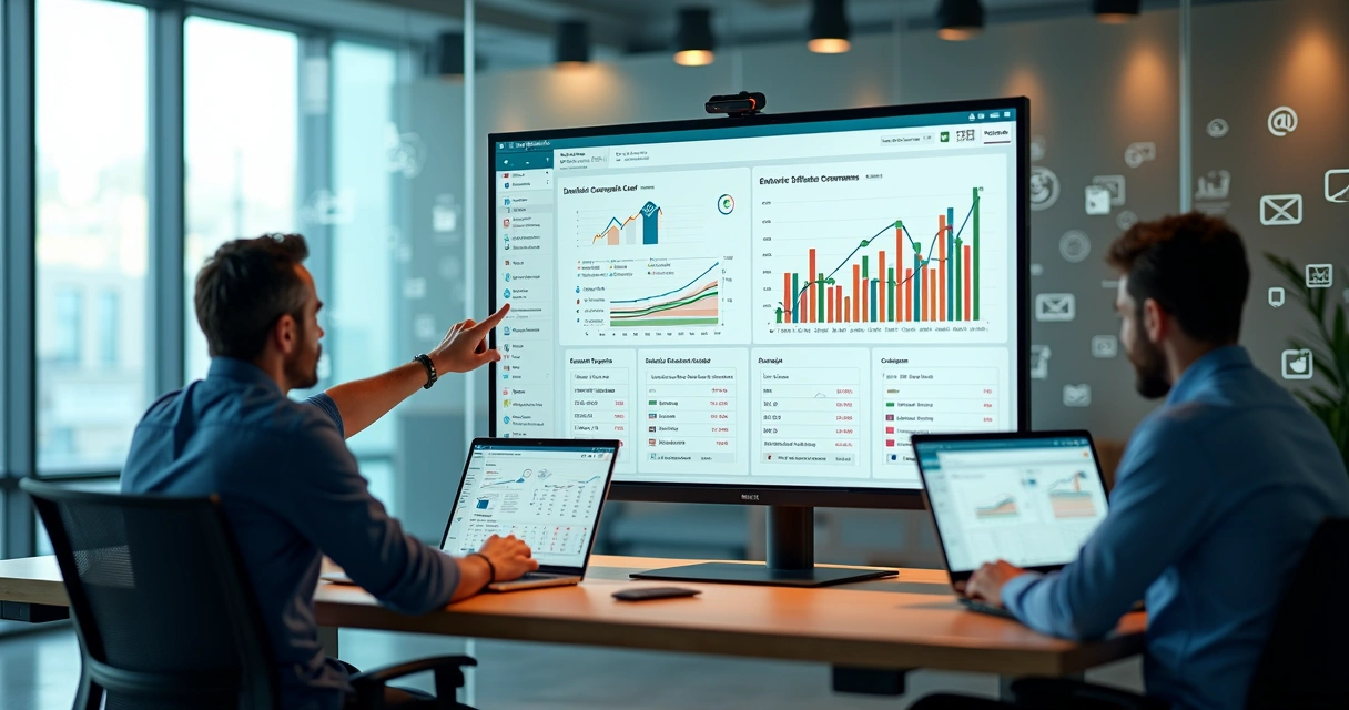 Painel de ecommerce com gráficos de marketing digital e afiliados trabalhando ao redor 