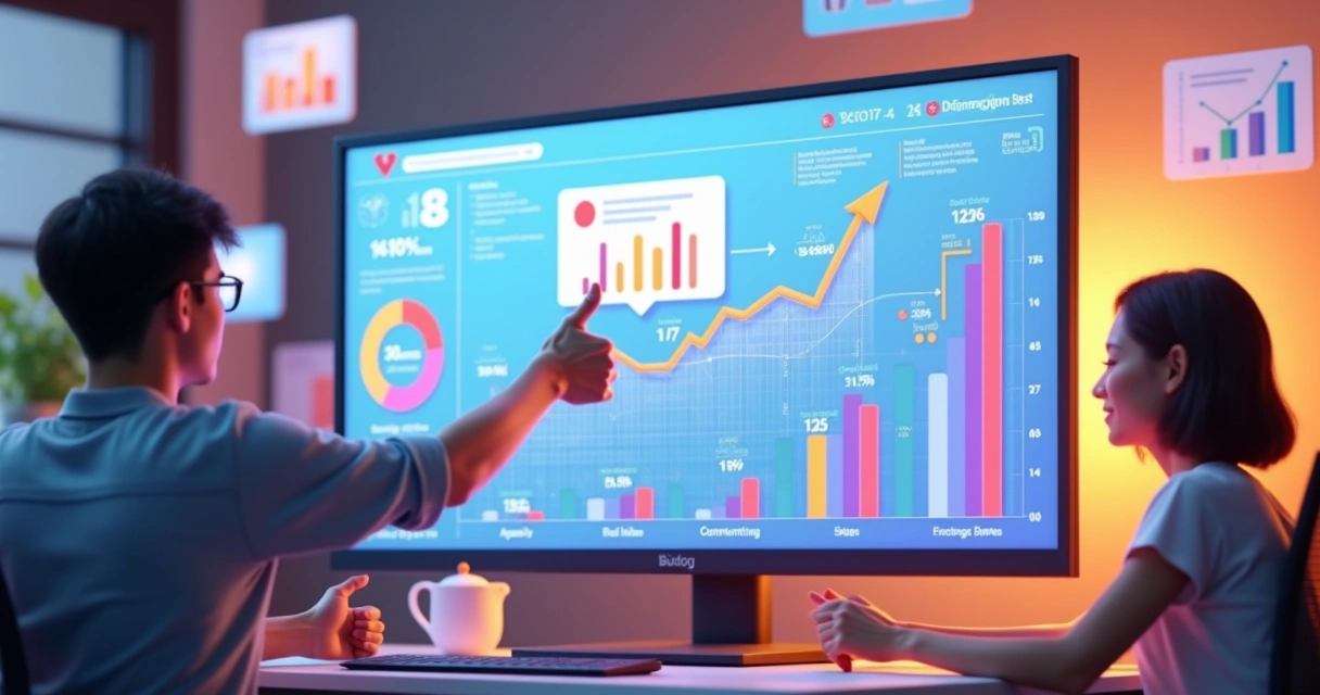 Plataforma digital mostrando gráficos de engajamento e reações positivas