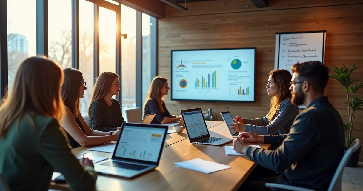 Equipe discutindo estratégias de marketing digital em sala moderna