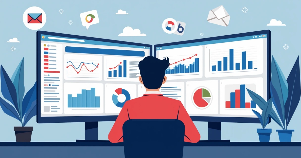Equipe analisando funil de marketing digital em monitores 