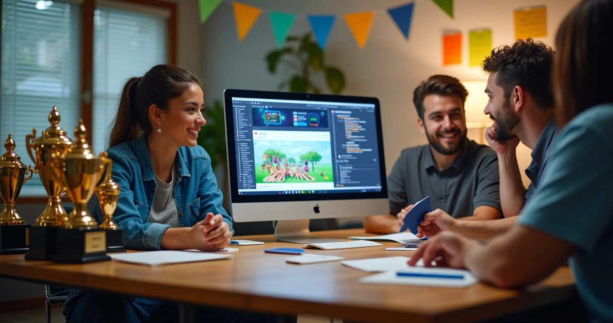 Equipe com banners e computador preparando postagem de marketing esportivo 
