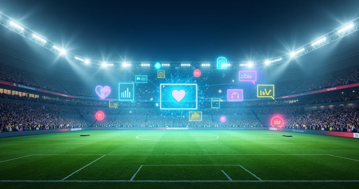 Gramado de estádio à noite com ícones digitais flutuando sobre o campo 