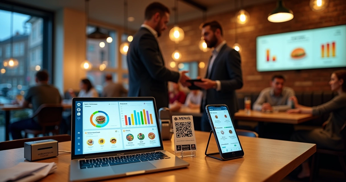 Equipe de marketing em restaurante usando ferramentas digitais em computadores e celular 