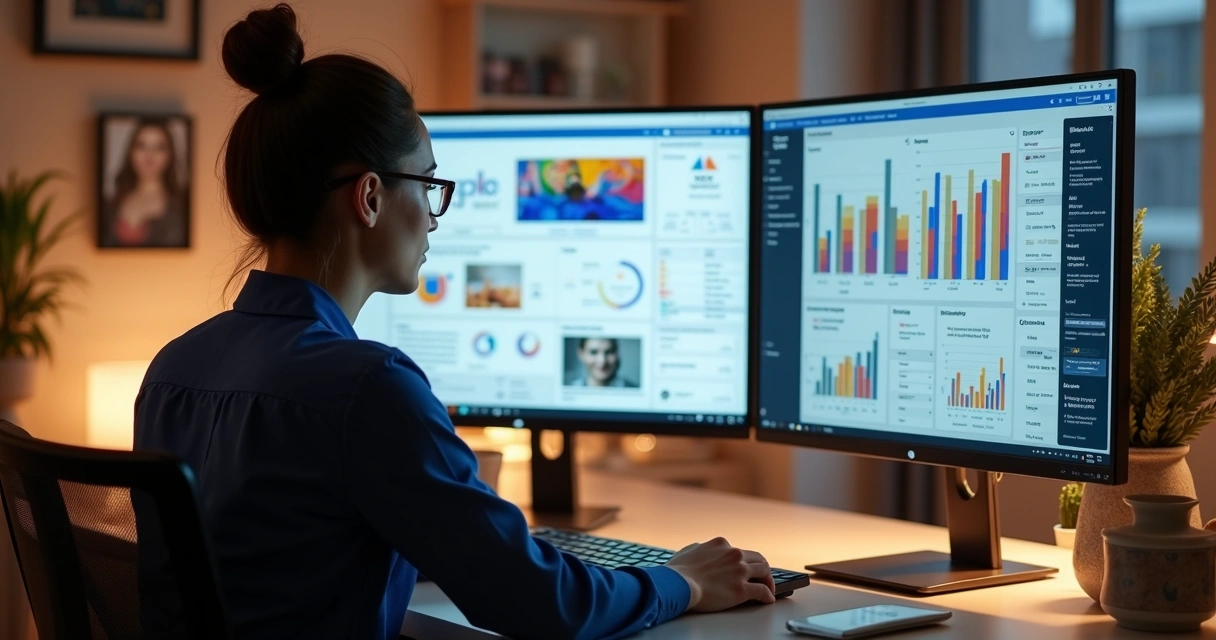 Profissional de marketing digital planejando campanha paga para clínicas de estética em monitor ultra-detalhado 
