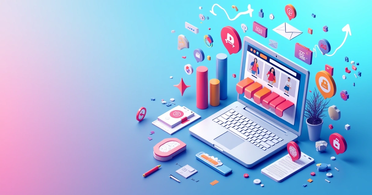 Ilustração de um cenário de marketing digital com laptop, ícones de SEO, redes sociais, criação de conteúdo e e-mail.