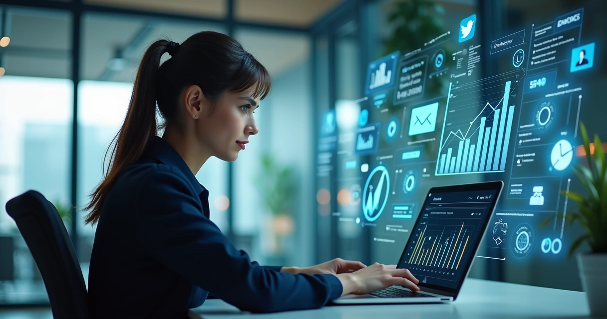 Mulher trabalhando com computador e gráficos digitais ao redor mostrando estratégias de marketing digital 