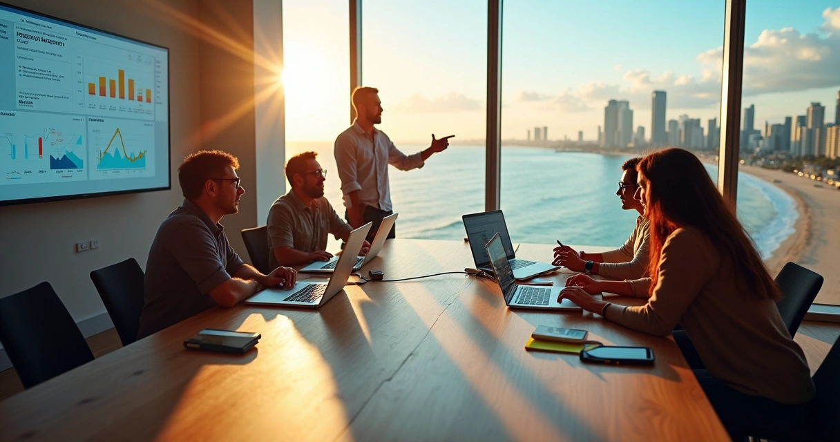 Mesa de trabalho com equipe planejando marketing digital com vista para Fortaleza ao fundo 