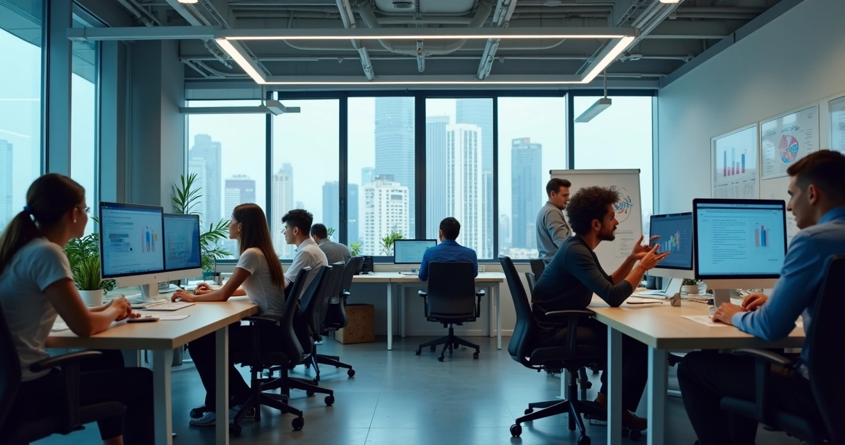 Equipe de marketing digital reunida em uma sala moderna com computadores e quadros brancos 