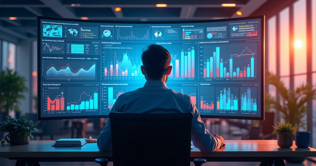 Painel com gráficos de marketing digital sendo atualizado por IA 