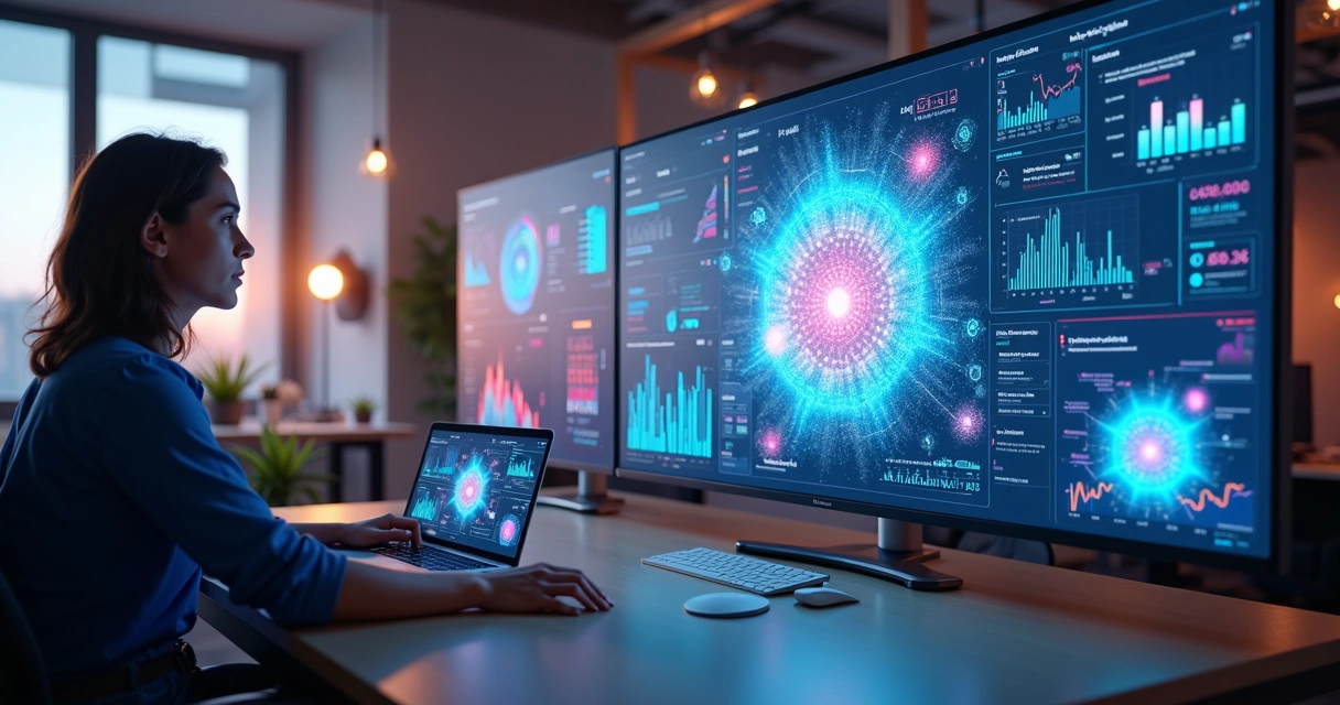 Equipes de marketing criando campanhas digitais em múltiplos dispositivos com hologramas de IA 