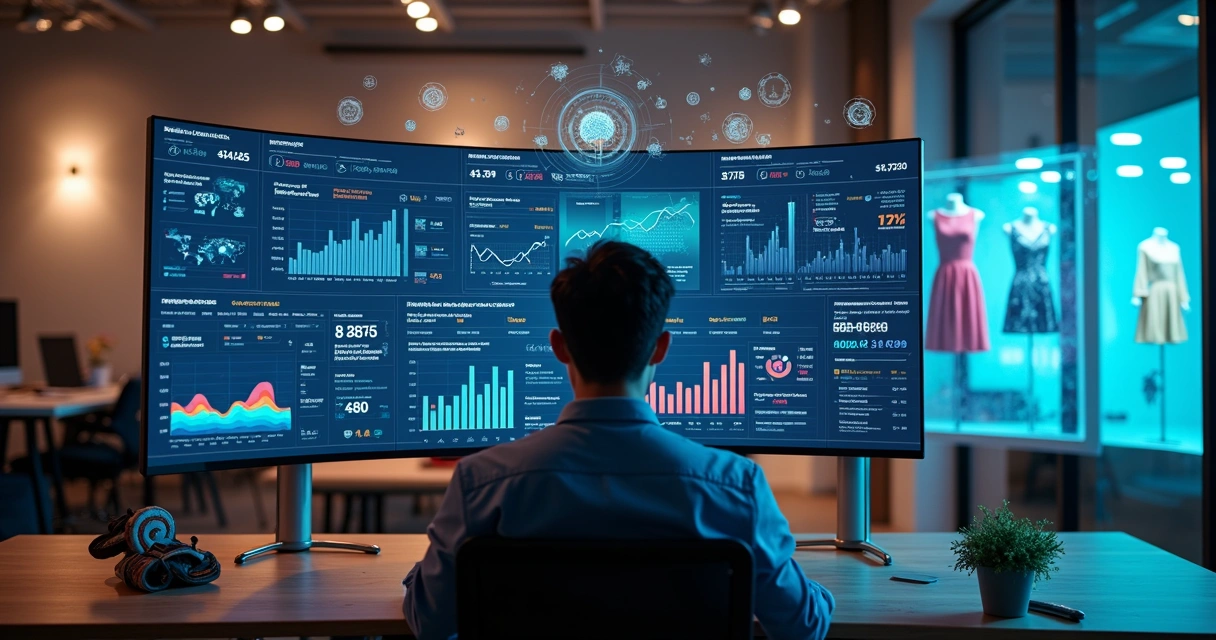 Gestor analisando painel de marketing digital com gráficos e ícones de IA ao lado de vitrine virtual de e-commerce 
