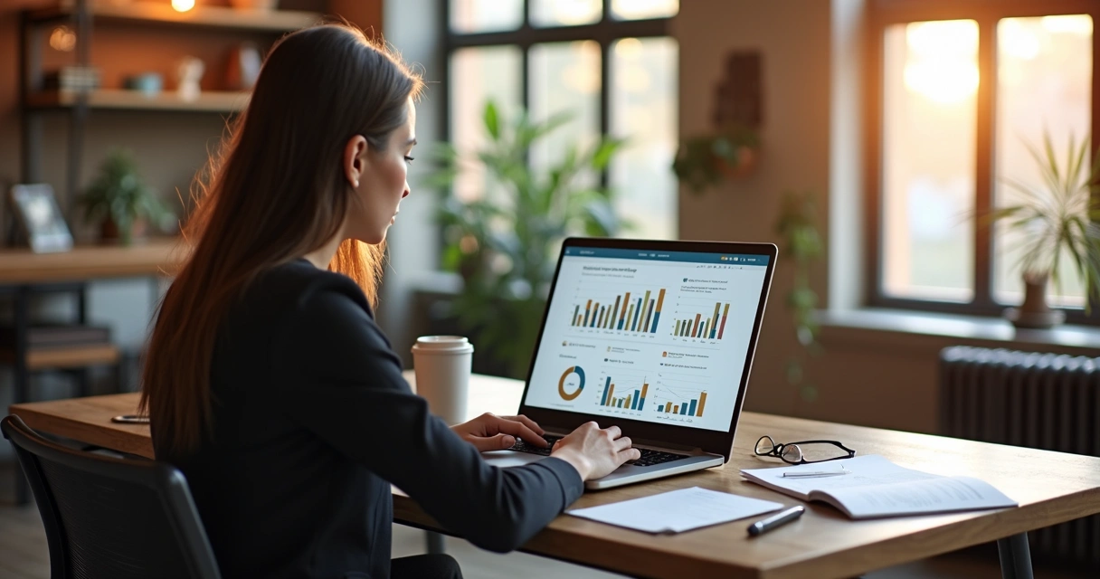 Corretora analisando estratégia imobiliária no notebook 