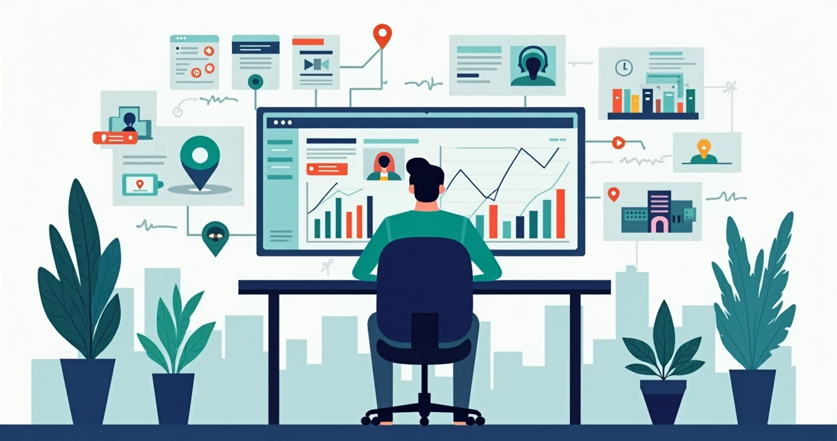 Corretora analisando tela com campanhas digitais e imóveis conectados a clientes 