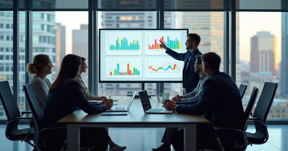 Equipe de marketing reunida em sala de reunião moderna, trocando ideias e olhando gráficos de desempenho digital. 
