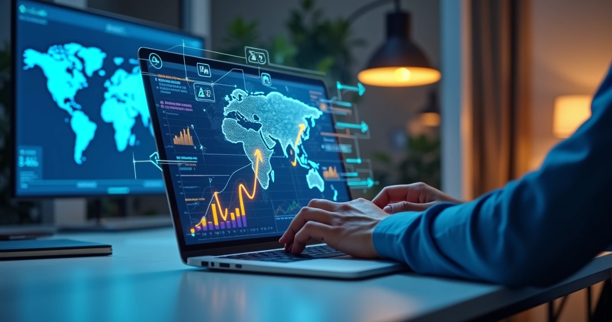 Profissional usando inteligência artificial no marketing digital com gráficos e ícones de redes sociais 