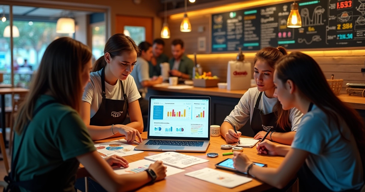 Equipe de lanchonete planejando ações de marketing digital em mesa com notebook e gráficos 