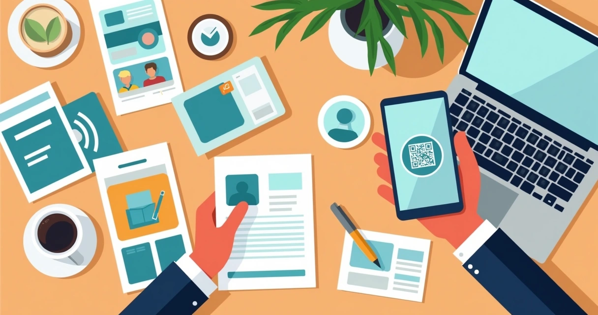 Materiais digitais e impressos com QR code sendo usados por pequeno lojista 