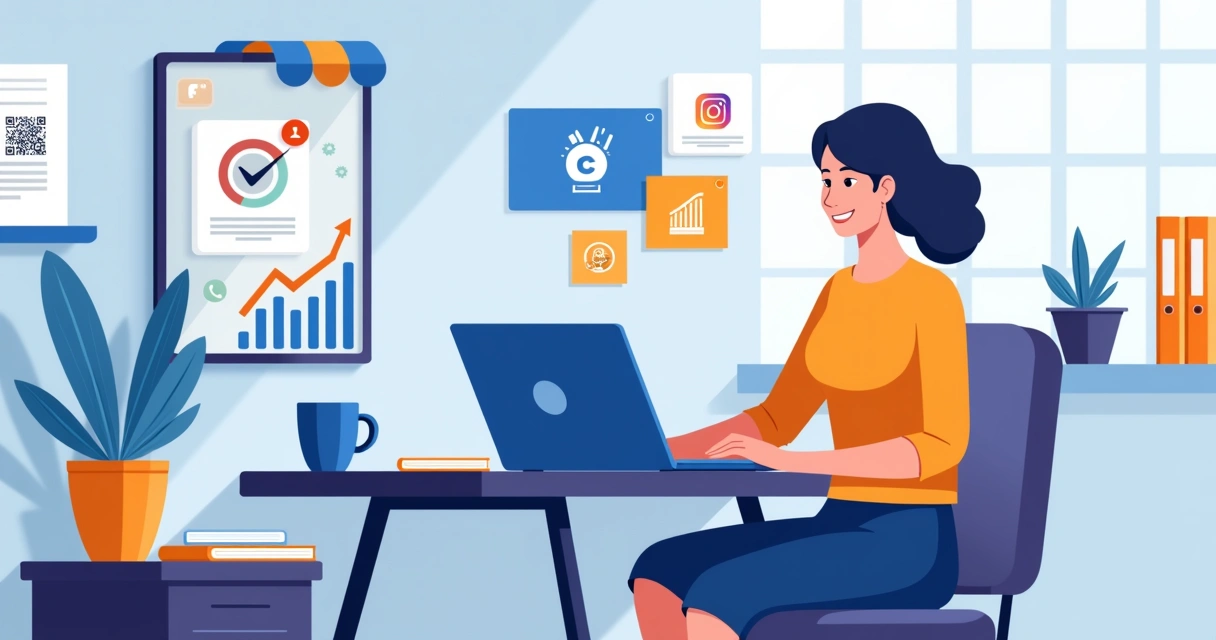 Lojista usando notebook com gráficos de marketing digital 