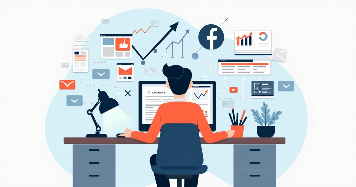 Personagem gerenciando campanhas digitais em vários dispositivos, redes sociais ao fundo 