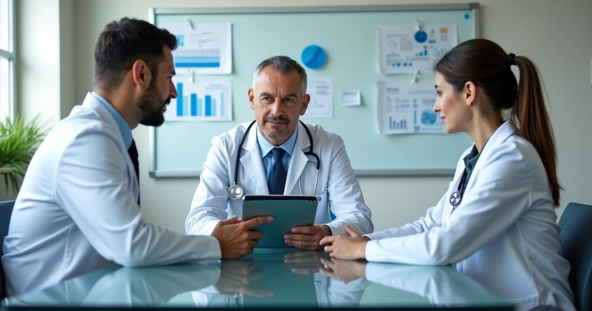 Equipe médica planejando estratégias digitais 