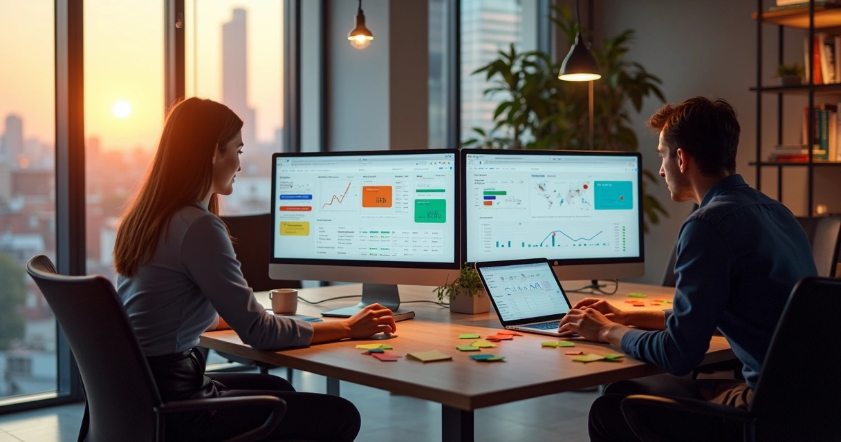 Equipe analisa dados de tráfego em monitores grandes 