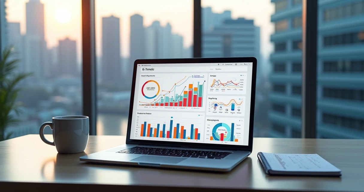 Mesa com laptop, smartphone e tela mostrando gráficos de tráfego digital multicanal 