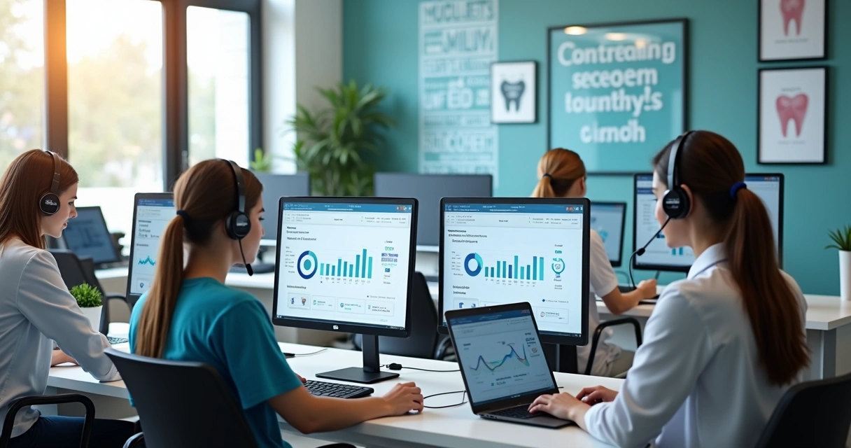Equipe treinada de atendimento de clínica odontológica em ambiente moderno com telas exibindo gráficos e CRM 