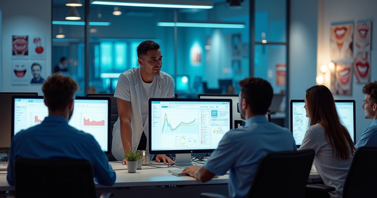 Equipe discutindo estratégia de marketing digital em clínica odontológica. 