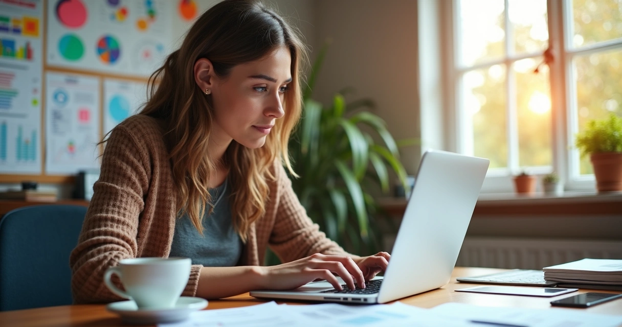 Mulher usando notebook em uma mesa com anotações e gráficos coloridos 