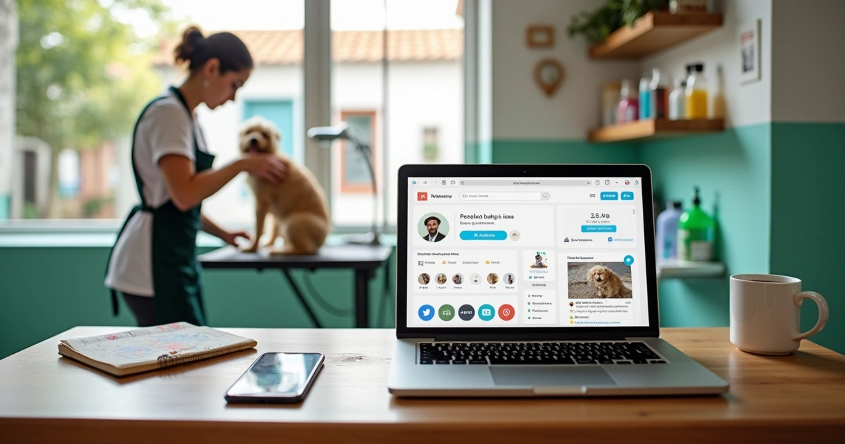 Dona de petshop usando notebook para divulgar banho e tosa enquanto cachorro é tosado ao fundo 