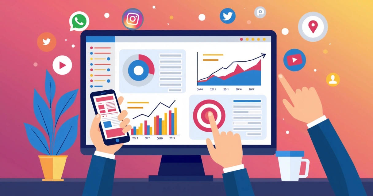 Painel com gráficos digitais e ícones de redes sociais em fundo colorido 