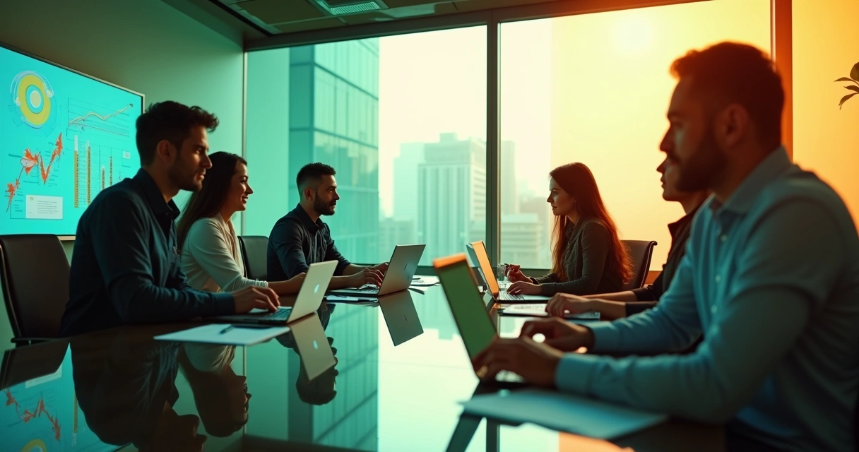 Equipe diversificada de marketing reunida em uma mesa, planejando estratégias digitais 