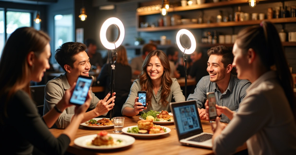 Equipe de restaurante gravando vídeos nas redes sociais 