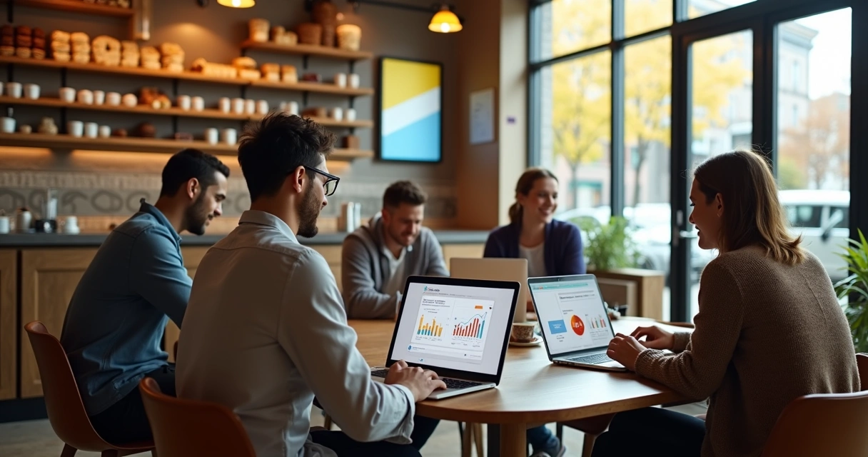 Marketing digital em restaurantes com mensagens e gráficos na tela de um notebook