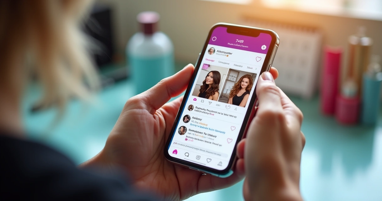 Divulgação digital de salão de beleza com celular e redes sociais abertas 