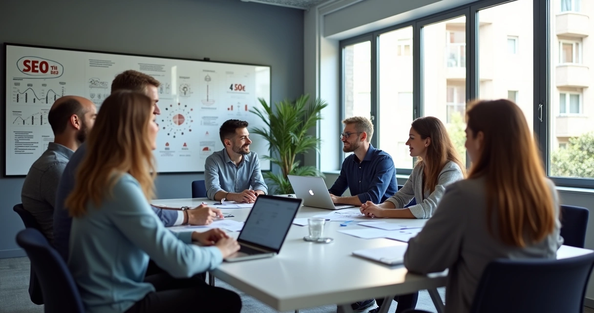 Equipe discutindo estratégias de marketing digital para vendas escaláveis em ambiente moderno 